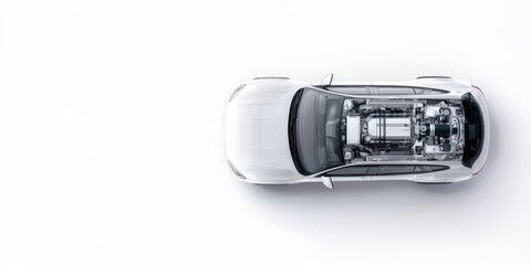 hydrogen future mobility concept. Car blueprint with detailed internal components visible from above.