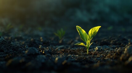 Sprout emerging from dark soil
