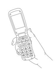 Hand holding a flip phone, line art vector illustration