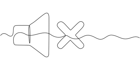 mute Sound volume speaker continuous one line drawing, Mute Button Line Icon Design with Editable Stroke