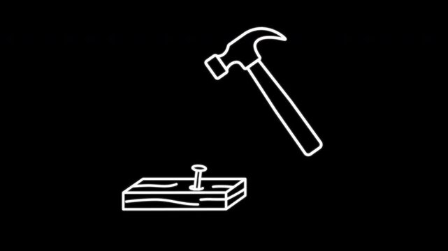 White hammer hits a nail into a wooden board four times. With each hit, the nail goes deeper. Simple animation on a black background.