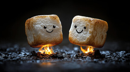 Two toasted marshmallow squares, cartoon faces,  flames, dark background