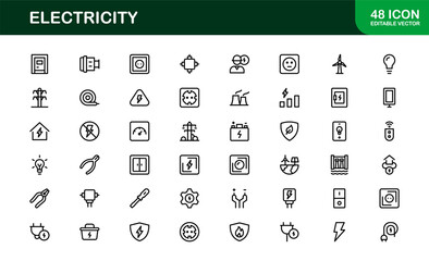 Vector Icon Collection for Electricity Including Lightning Bolts, Power Sources, Energy, Circuit, and Electrical Equipment