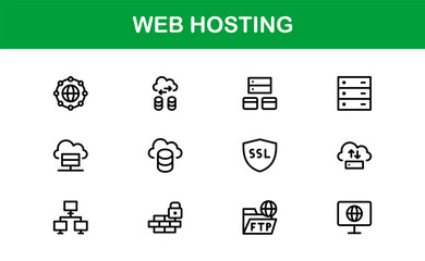 Professional Web Hosting Icons with Server, Domain, and Cloud Elements in Clean Line Art Style