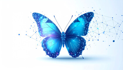 A digital blue butterfly with a geometric design, showcasing intricate lines and dots against a light background, symbolizing beauty and technology
