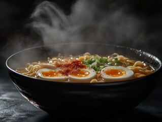 A bowl of ramen with a splash of hot sauce, steam rising, rich broth glistening