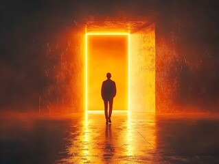 Silhouette of a person walking on a narrow path toward