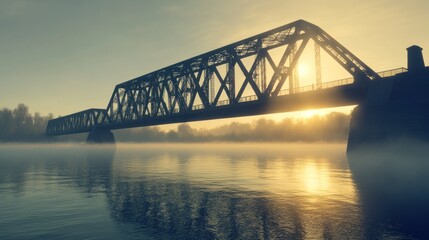 Steel railway bridge at dawn over river