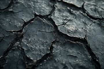 Close-up of dark, cracked earth; texture of dry, arid land.