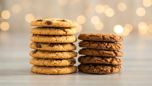 Two stacks of freshly baked cookies on a table, chocolate chip and oatmeal, bokeh background