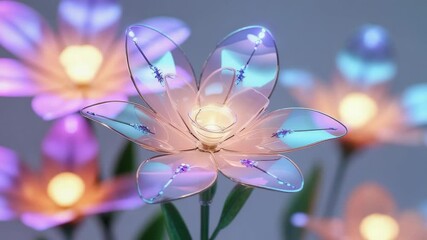 Decorative flower cycling LED petals in pink blue purple hues and pulsing central light in studio - Powered by Adobe
