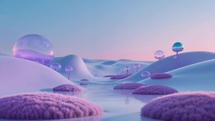 Scene opening causing gliding camera through waterway in pastel hills with bubble trees and mounds - Powered by Adobe