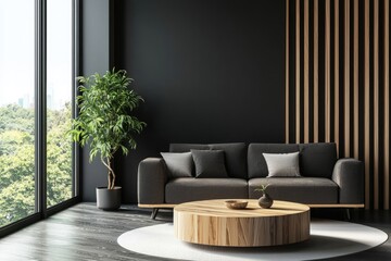 Modern living room with black wall, dark grey sofa, round wood coffee table, vertical wood paneling, and potted plant, ideal for real estate, interior staging, and editorial use