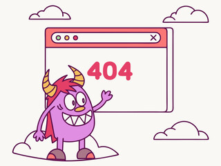 Cute purple monster playfully chewing browser window with bold red 404 message