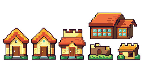 Fototapeta premium Pixel Art House Sprite Sheet – Small Pixel Home Animation in 8-bit 16-bit 32-bit