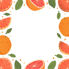 Vector grapefruits frame, isolated on white background. Grapefruits and leaves and seeds. Cute colourful summer fruits.