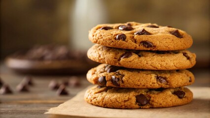 Four delicious chocolate chip cookies stacked on parchment paper, rustic wooden background