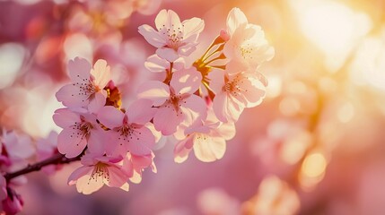 Close-up view of cherry tree branches adorned with soft pink blossoms catching gentle sunlight, evoking a tranquil spring ambiance that invites wonder and appreciation of nature's beauty