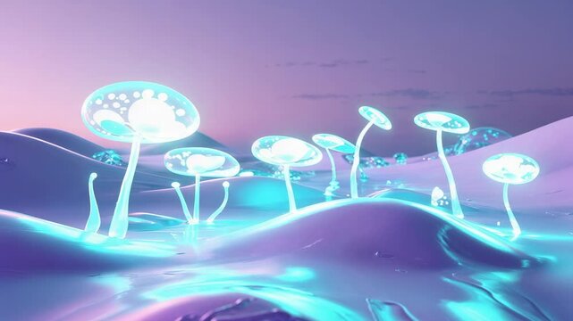 Starting with purple horizon revealing translucent pods intensifying cyan glow on magenta dunes - Powered by Adobe