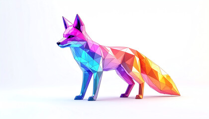 A vibrant, low-poly fox sculpture showcasing colorful geometric facets against a clean background