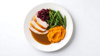 Overhead view of a thanksgiving plate with turkey cranberry sauce green beans and mashed sweet potatoes