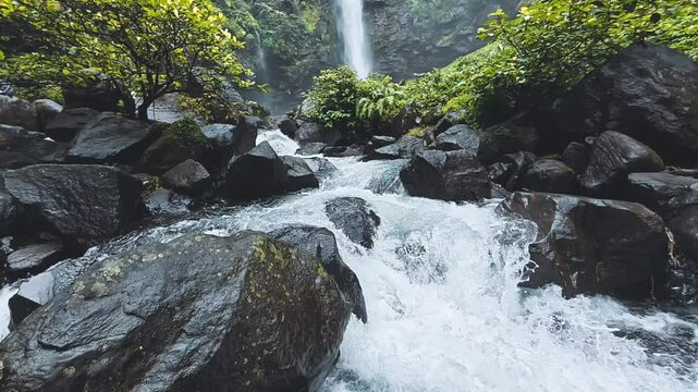 Peaceful mountain stream surrounded by rich tropical greenery. Audio not present.