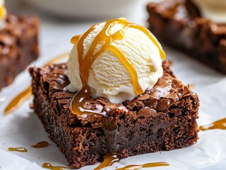 A close-up of a brownie topped with a scoop of vanilla ice cream and drizzled with caramel sauce