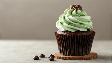 Single chocolate cupcake with mint frosting, chocolate chips, and nuts
