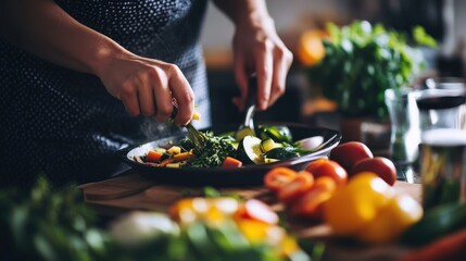 Woman preparing fresh vegetables and other ingredients in the kitchen