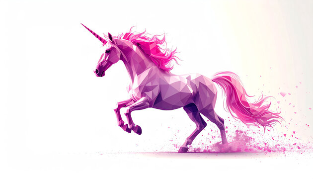 A vibrant, low-poly unicorn with flowing pink mane runs dynamically against a soft, light background, exuding a sense of magic and whimsy