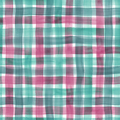 Watercolor stripe gingham seamless pattern. Navy blue, teal, red color striped background