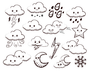Cartoon illustration featuring a collection of cute hand-drawn weather icons, including clouds, stars, moons, thunders, and snowflakes. Drawing for children’s design, stationary or bedtime stories