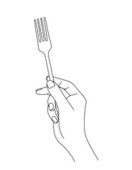 Fork in hand, line art vector illustration