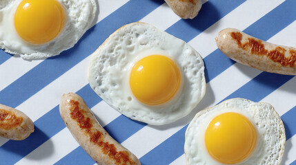 Seamless diagonal stripes filled with fried eggs, mini sausages