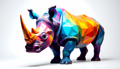 A colorful, geometric rhinoceros sculpture showcasing vibrant polygonal patterns and artistic design