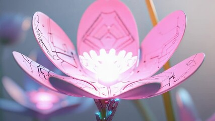 Futuristic bloom device on power spike activating glowing petals in lab showing circuit patterns - Powered by Adobe
