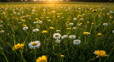 Fototapeta premium A vibrant meadow filled with daisies under the golden sunlight