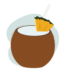 coconut and straw. Summer coconut cocktail. Drink for hot weather.