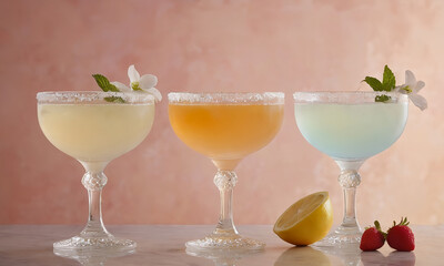 Three celebratory glasses, two with champagne and one with red wine, alongside a martini, on a white background, perfect for any party or bar's beverage menu