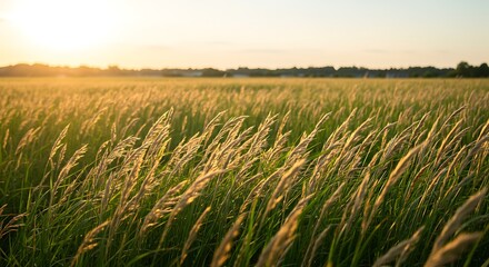 Obraz premium A breathtaking view of the golden grassy field with sunlight 