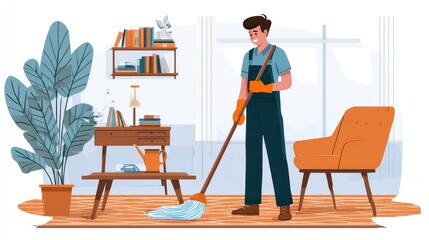 Fototapeta premium Housekeeping and cleaning concept, Happy young man in orange rubber gloves wiping dust using mop while cleaning on floor at home Generative Ai