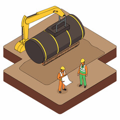 Installation of a wastewater treatment tank underway at a building site, with construction workers and excavator working on environmental sanitation system.