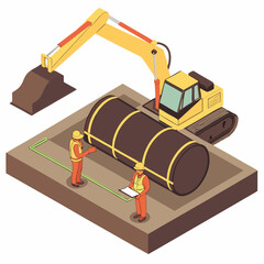 Construction workers installing an underground wastewater treatment tank with an excavator at a building site for environmental sanitation systems.