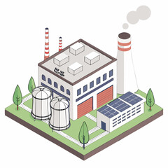 Carbon capture and storage facility shown in isometric style, converting CO₂ to O₂ for sustainable industrial operations and carbon credit compliance.