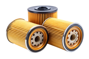 Three New Car Engine Oil Filters Close Up View Golden Yellow and Black Color Cylindrical Shape Isolated on White Background A I G E N E R A T E D - P N G isolated on a transparent background