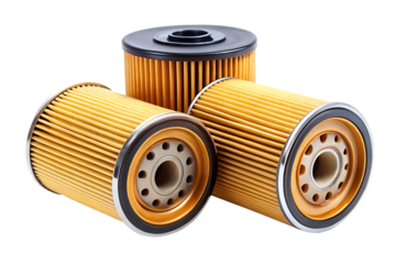 Three New Car Engine Oil Filters Close Up View Golden Yellow and Black Color Cylindrical Shape Isolated on White Background A I G E N E R A T E D - P N G isolated on a transparent background
