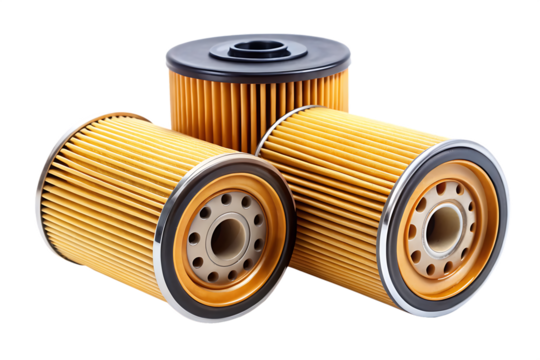 Three New Car Engine Oil Filters Close Up View Golden Yellow and Black Color Cylindrical Shape Isolated on White Background A I G E N E R A T E D - P N G isolated on a transparent background