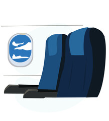 airplane seats and windows. of inside plane cabin with seat and porthole window with blue sky view. 