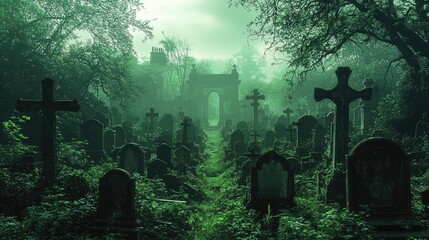 Aged cemetery shrouded in a misty, emerald green ambiance.