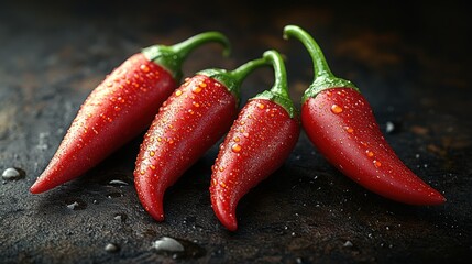 Fresh red chili peppers with water droplets